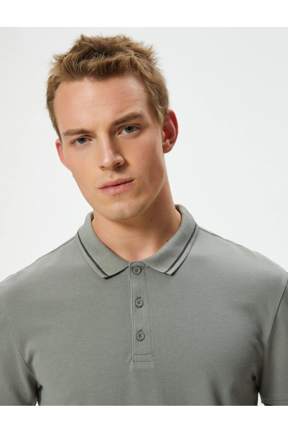 تی شرت یقه پولو خاکستری مردانه پنبه آستین کوتاه Slim Fit Polo T Shirt Line کوتون Koton
