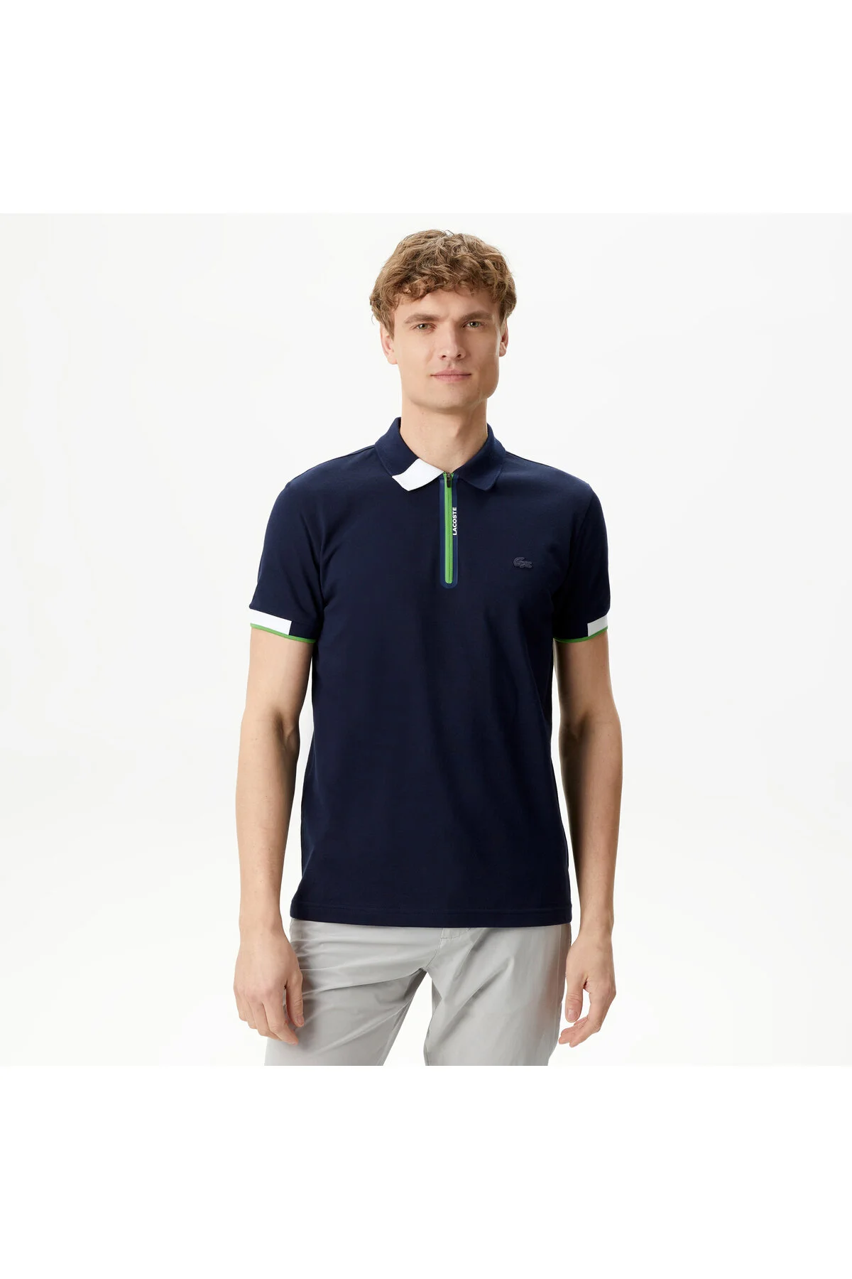 تی شرت یقه پولو آبی مردانه بزرگسالان Filming Unsize Polo با زیپ لاگوست Lacoste