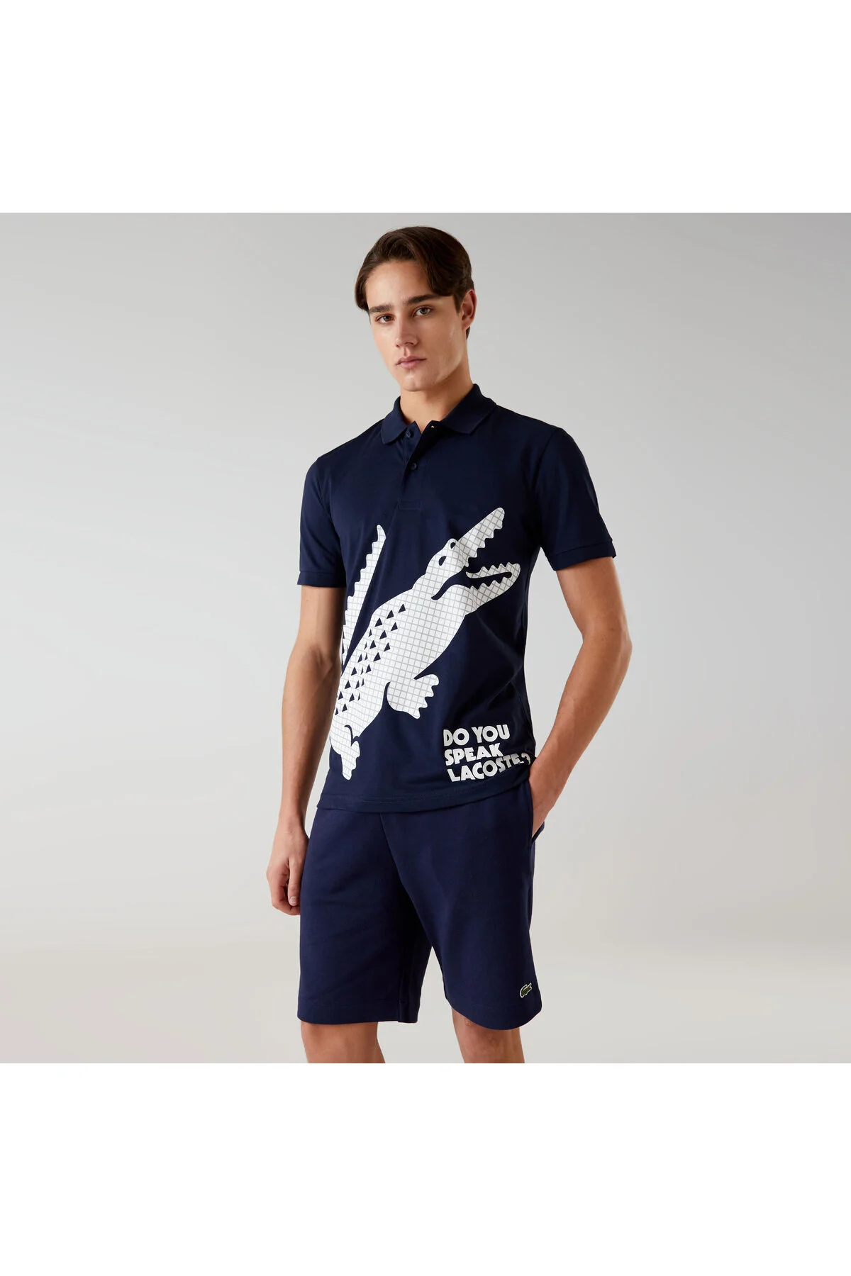 تی شرت یقه پولو آبی مردانه چوگان طرح دار معمولی لاگوست Lacoste