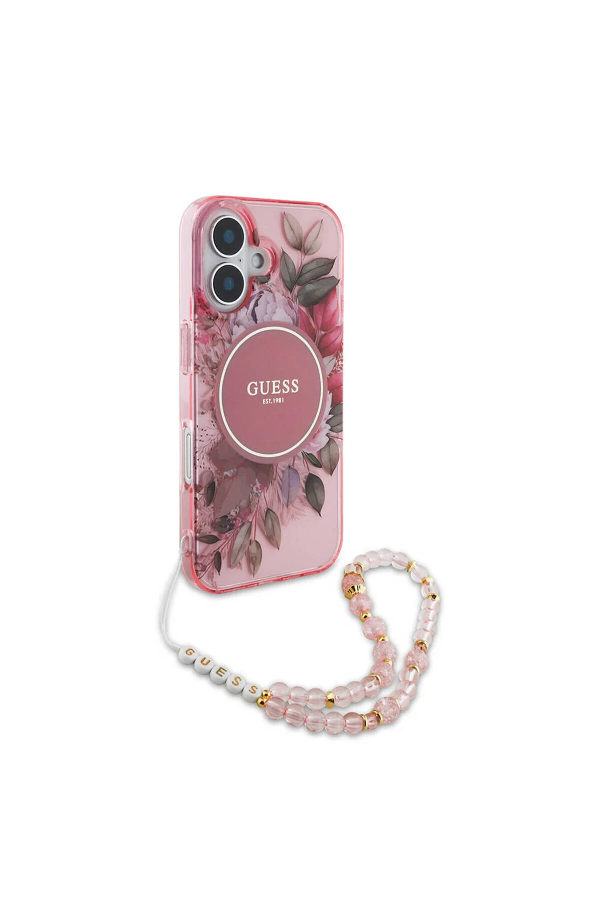 کاور و قاب لایسنس GUESS CASE COMPATIBLE IPHONE 16 MAGSAFE قابلیت چاپ دستبند گل مروارید صورتی IML Guess