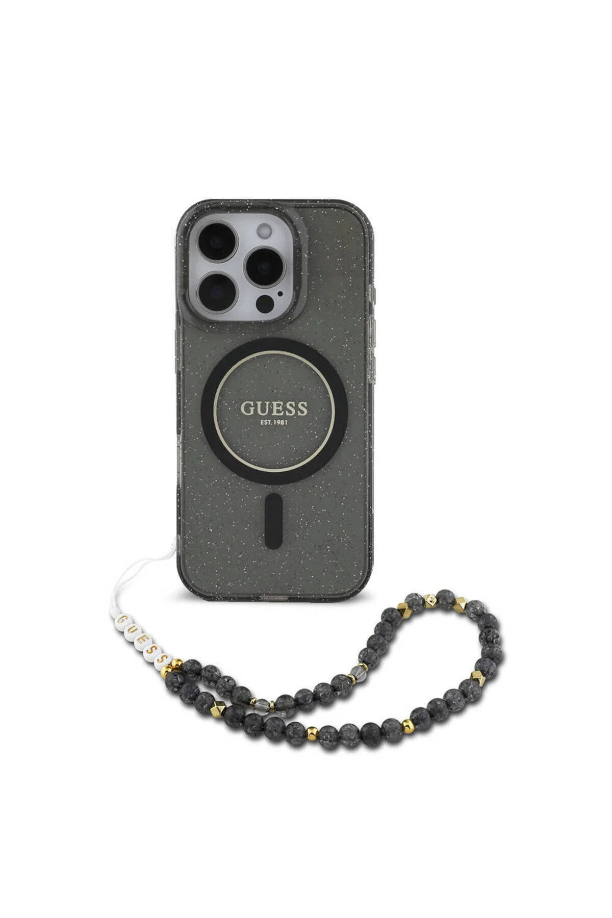 کاور و قاب سازگار IPHONE 16 PRO MAX GUESS LICENSED MAGSAFE FEATURED دستبند نقره ای مروارید سیلیکونی مشکی Guess