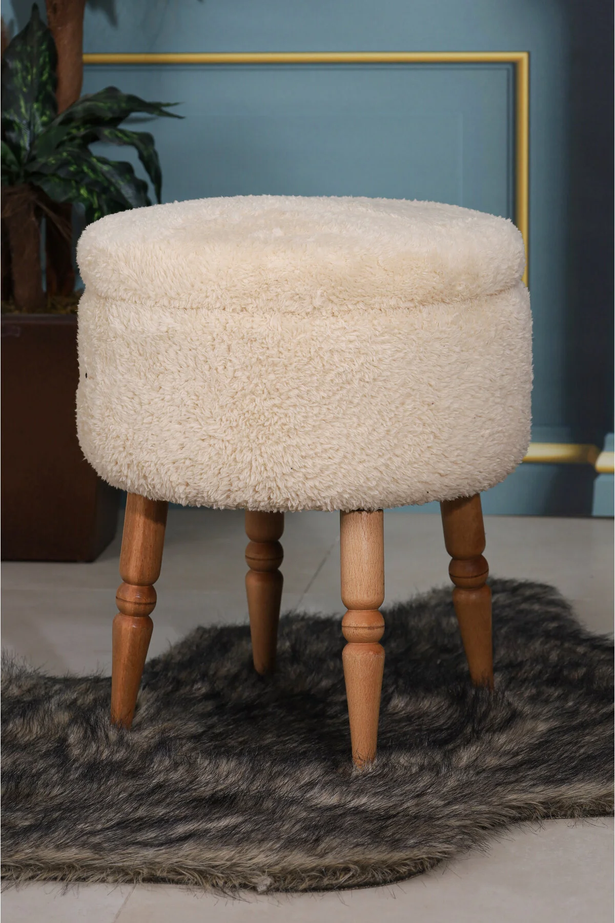 پاف و نیمکت CREAM MIX PLUSH DESIGN WALNUT GREATE LEATY PUFMANYA
