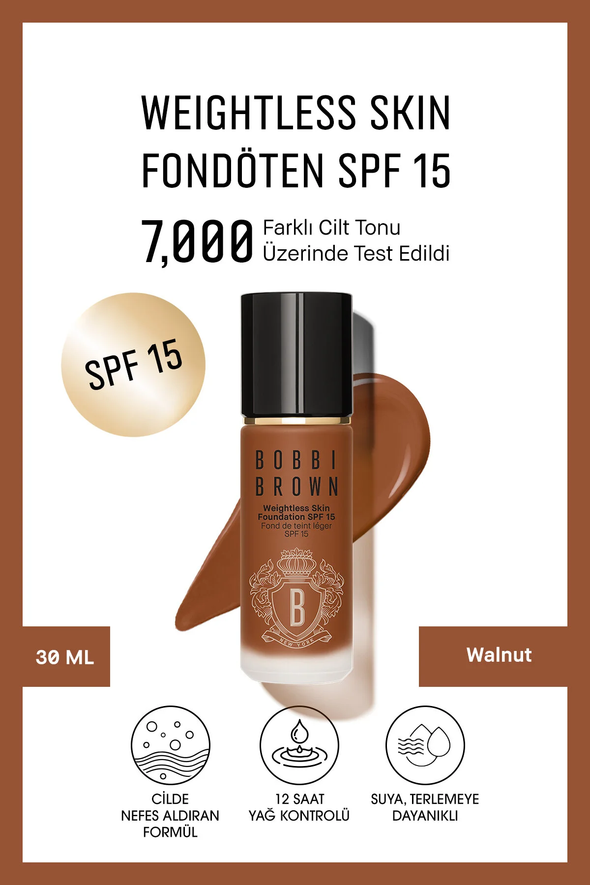 کرم پودر چند رنگ پوست بی وزن 24 ساعته مایع دائمی SPF 15 انتهای طبیعی و مات گردو 30 میل Bobbi Brown