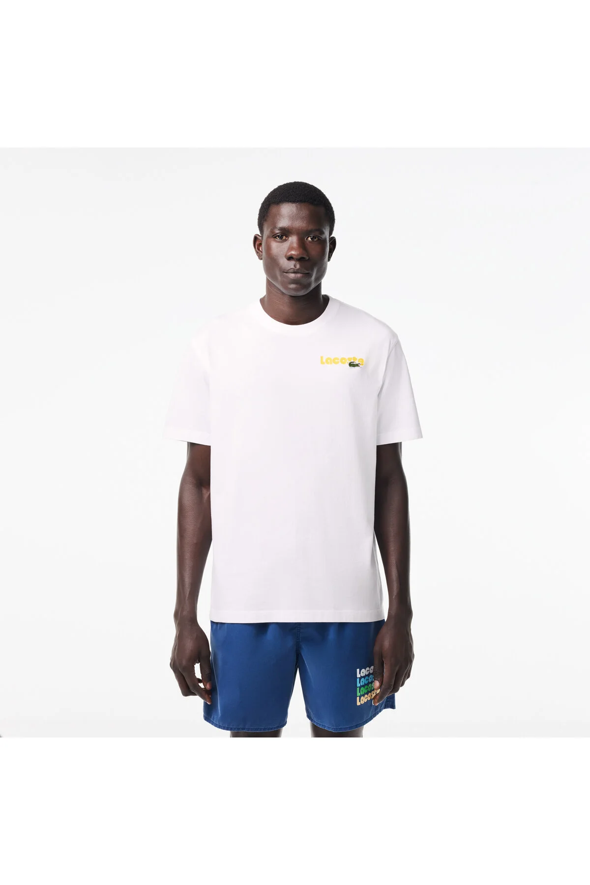 تی شرت سفید مردانه یقه دوچرخه کلاسیک مناسب طرح دار لاگوست Lacoste
