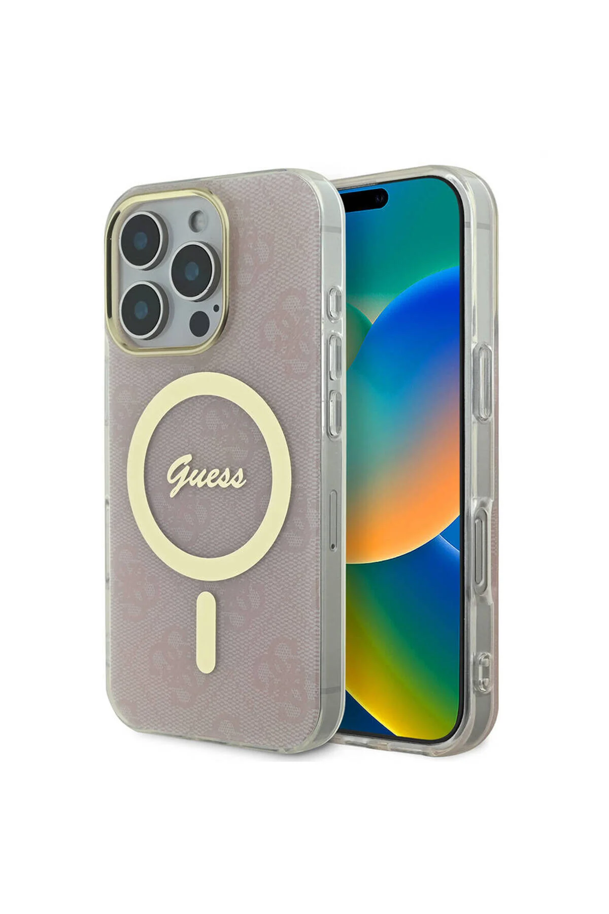 کاور و قاب سازگار با آیفون 16 پرو دارای مجوز شارژ MAGSAFE لوگوی متنی ویژه 4G صورتی طرح Guess