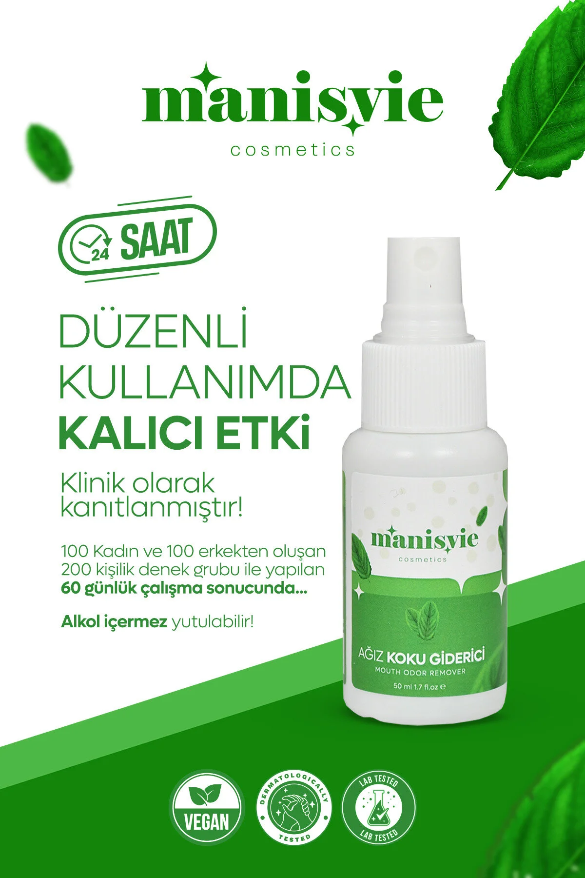 اسپری ضد بوی دهان 50 میلی لیتر بدون الکل با اثر فوری و خاصیت از بین برنده بوی سیگار و قهوه Manisvie