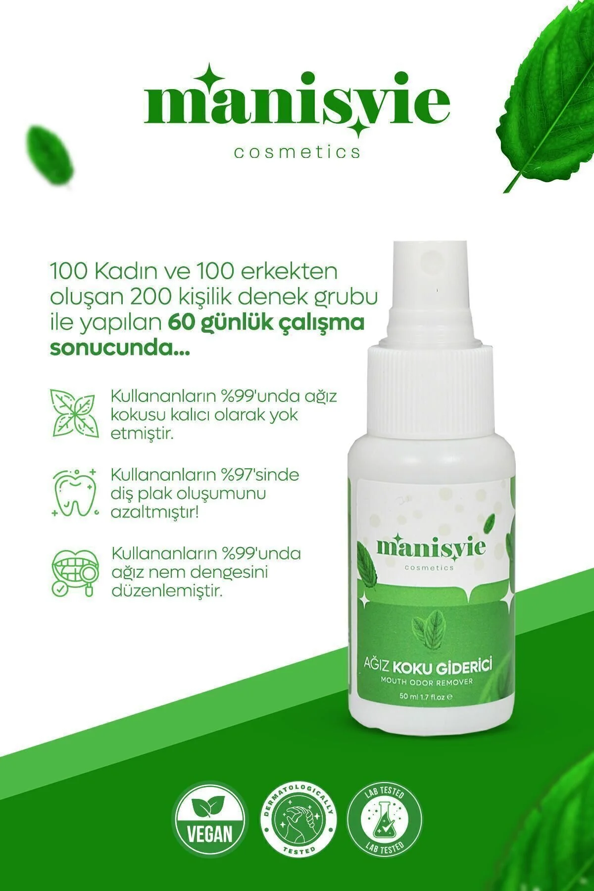 اسپری ضد بوی دهان 50 میلی لیتر بدون الکل با اثر فوری و خاصیت از بین برنده بوی سیگار و قهوه Manisvie