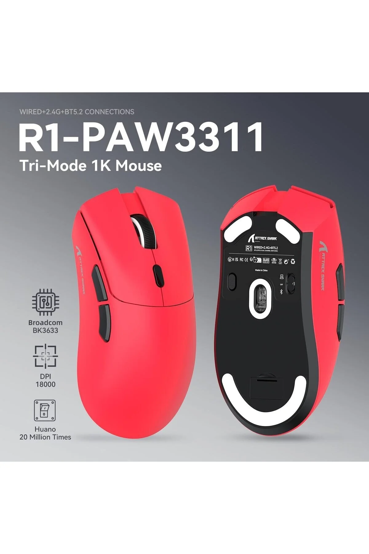 ماوس مخصوص بازی R1 SUPERLIGHT DPI ULTRA LIGHT PAW3311 پخش کننده بی سیم هدیه نوار گرفتن Attack Shark
