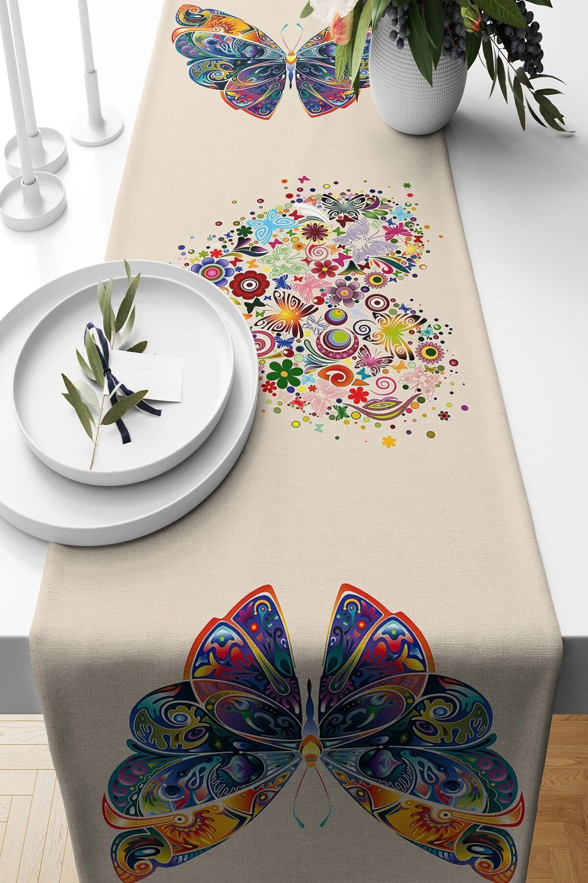 رانر و زیر بشقابی میز BEIGE FLOOR BUTTERFLY TABLE MODELS متفاوت مدل های تزئینی 4 PILLOW مجموعه on the clouds