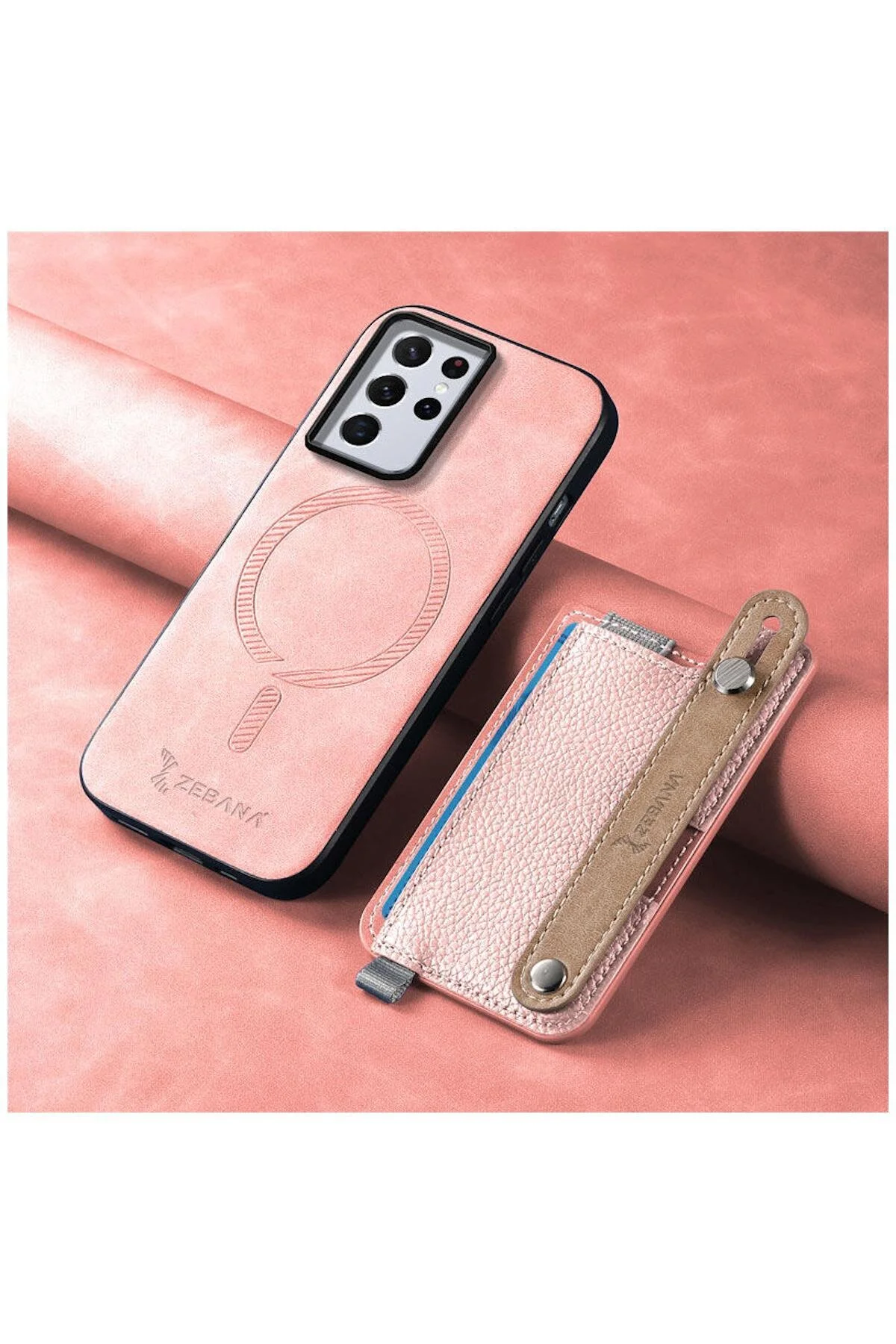 کاور و قاب SAMSUNG GALAXY S23 ULTRA COMPATIBLE CASE 2 در 1 بهترین چرمی با جای کارت صورتی Zebana