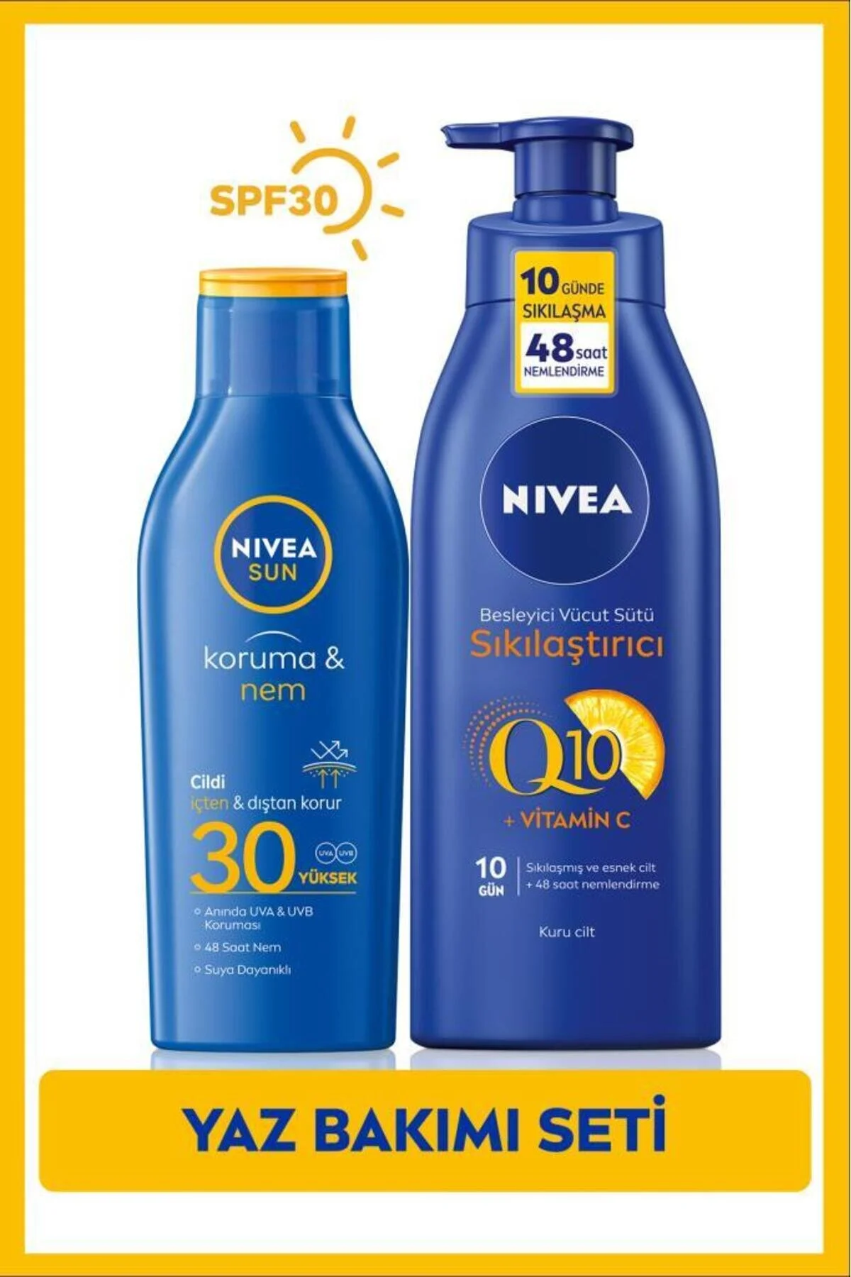 NIVEA لوسیون ضد آفتاب SPF30 200 میلی لیتر و شیر بدن فرم‌دهنده Q10 400 میلی لیتر