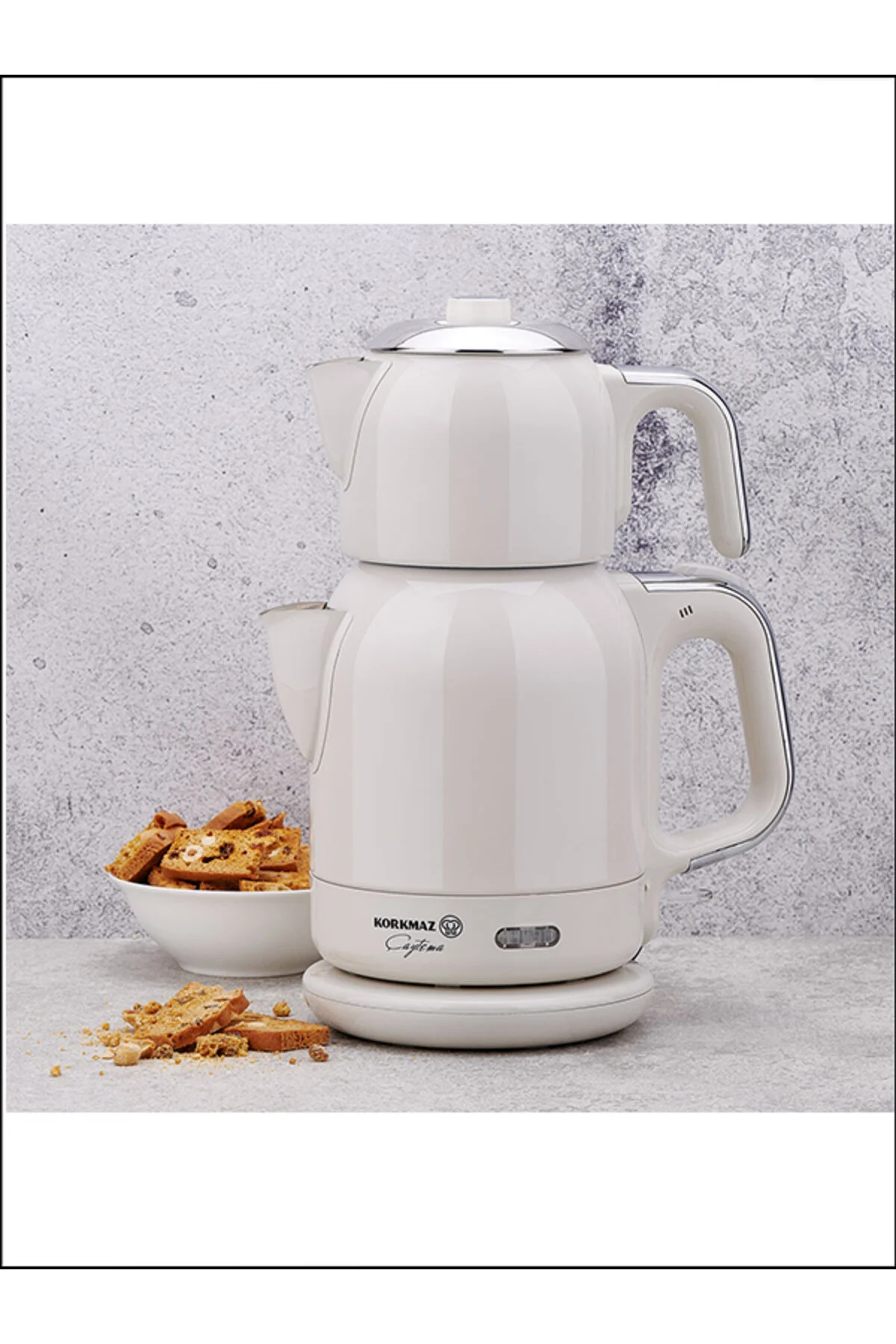 کتری قوری چای‌ساز سنتی A331 08 TEAPOT ELECTRIC VANILLA CHROMIUM KORKMAZ