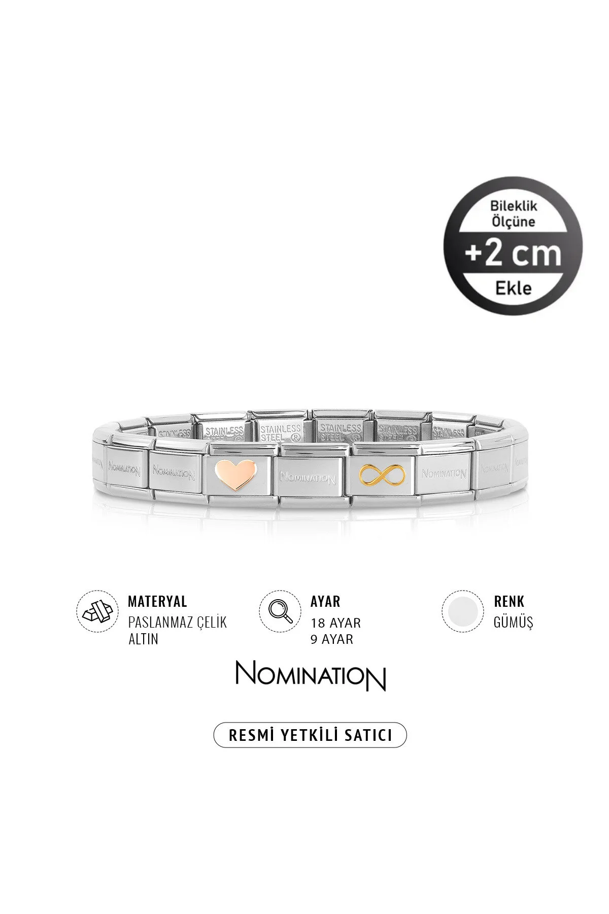 دستبند فولادی با طراحی قلب و نماد بی‌نهایت از طلای 18 عیار و رز 9 عیار NOMİNATİON
