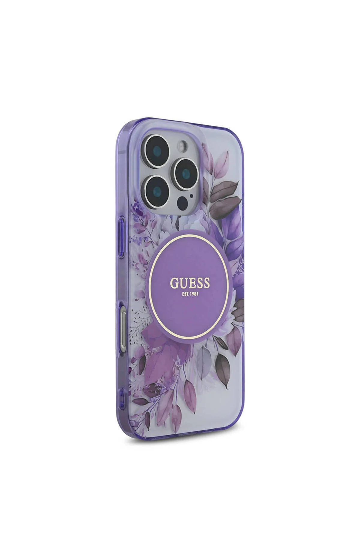 کاور و قاب سازگار IPHONE 16 PRO MAX GUESS MAGSAFE دارای مجوز با ویژگی شارژ دایره رنگی بنفش گل Guess