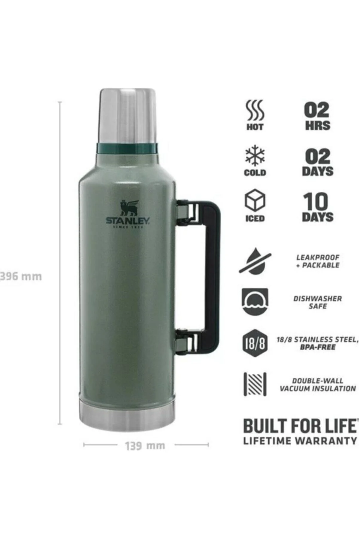 فلاسک قمقمه استیل خلاء کلاسیک شخصی سازی شده سبز نوشته 2.3 لیتری با نام سفارشی اورجینال Stanley