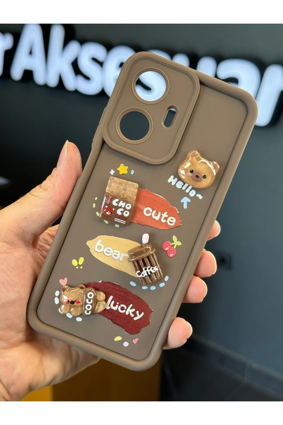 کاور و قاب سازگار با REALME C55 محافظ دوربین طرحدار خرس عروسکی سیلیکونی نرم رنگی قهوه ای فیبکس Fibaks