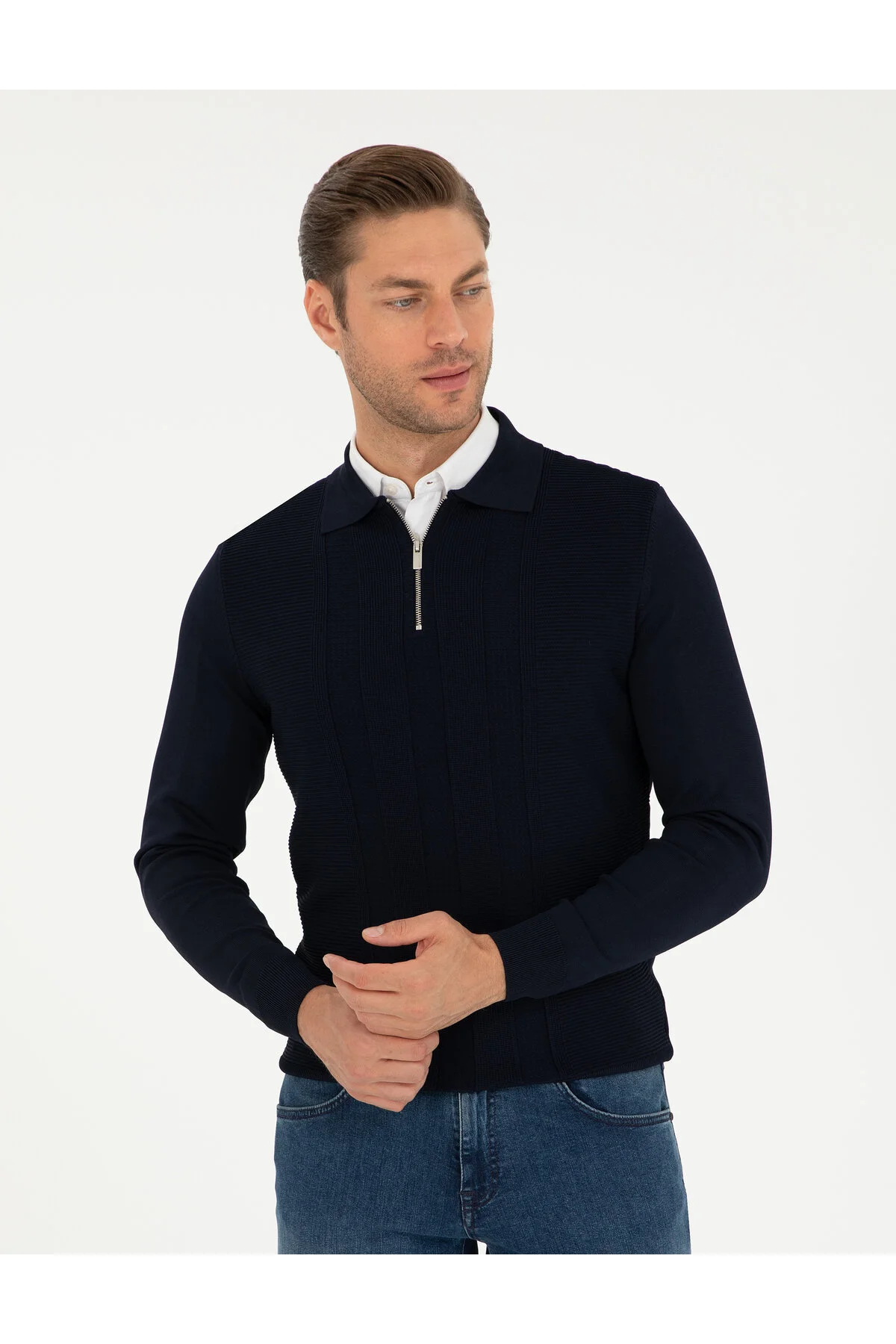 پلیور مردانه پیر کاردین بافندگی چوگان YAKA ZIPPERED لباس بافتنی نیروی دریایی Pierre Cardin