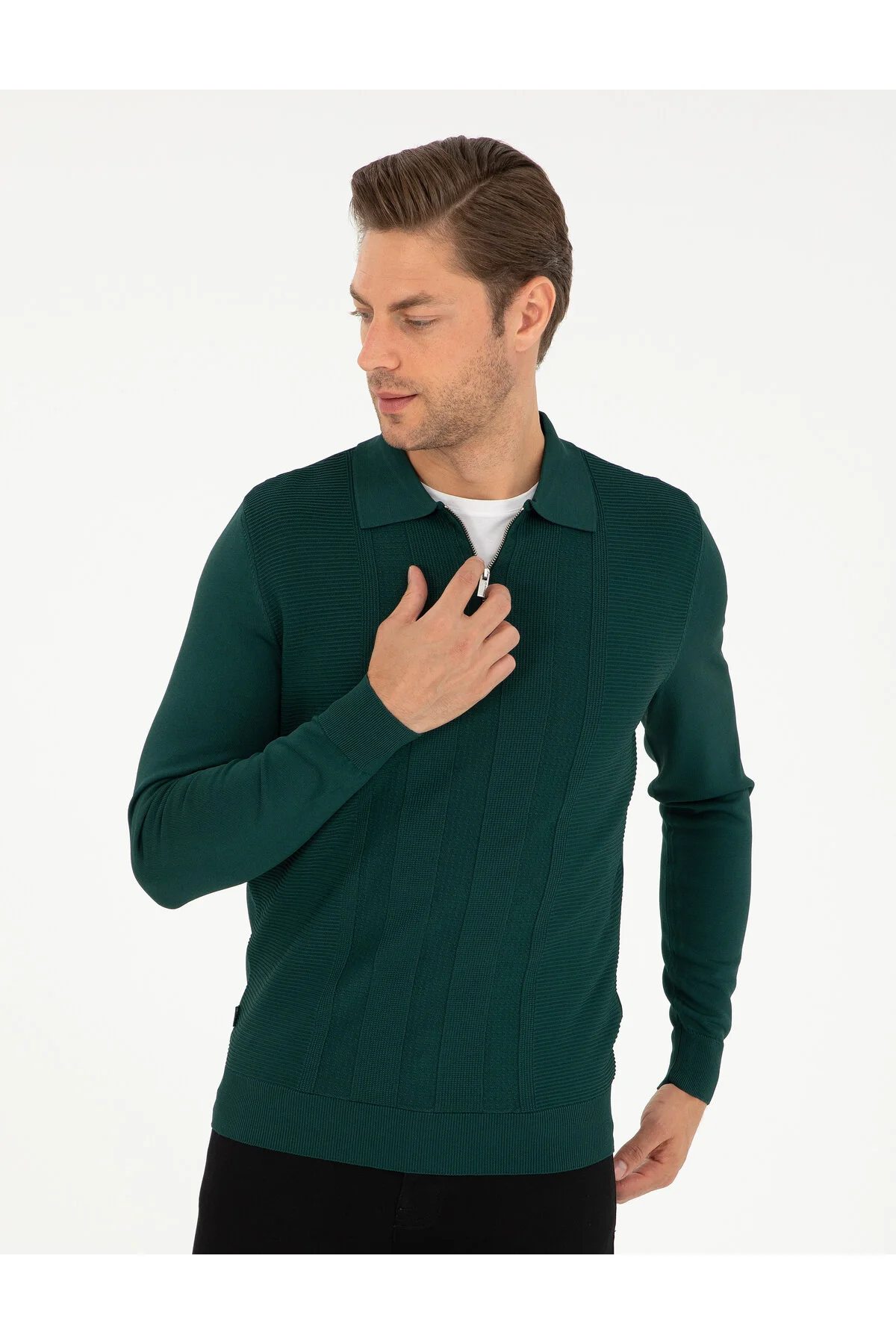 پلیور مردانه پیر کاردین بافندگی چوگان YAKA ZIPPERED LNITWEAR GREEN Pierre Cardin