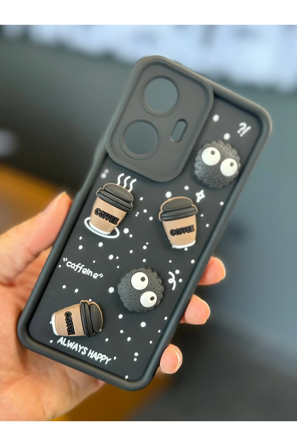کاور و قاب سازگار با REALME C55 طراحی محافظ دوربین طرحدار قهوه کوکی سیلیکونی نرم مشکی Fibaks