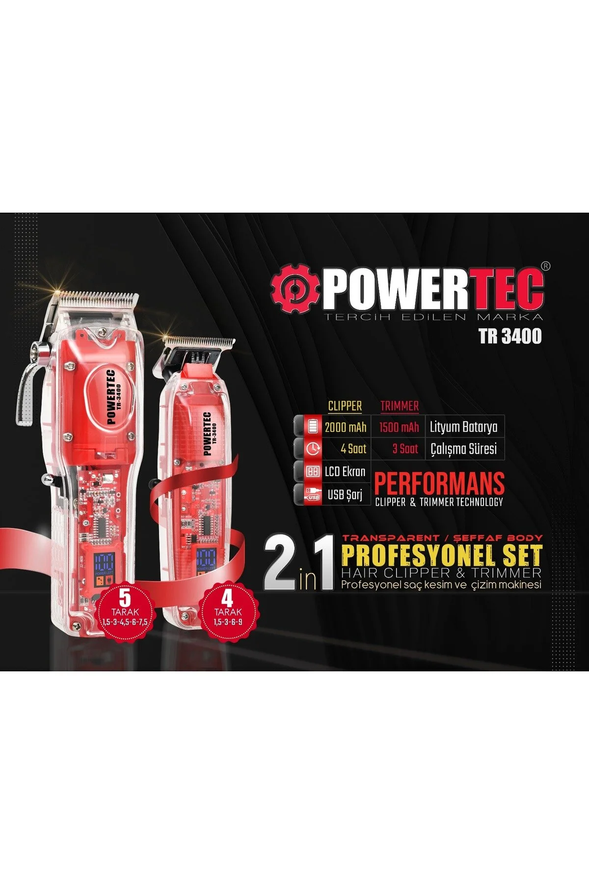 ماشین اصلاح قرمز برقی Tr 3400 سری حرفه ای دریافت کرده است که Beard Nae Machive 2 Set پاورتچ  Powertec