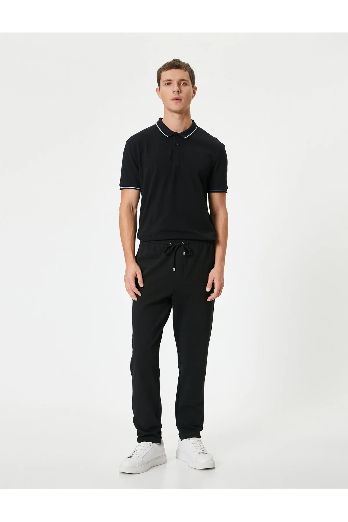 تی شرت یقه پولو مشکی مردانه پنبه آستین کوتاه Slim Fit Polo T Shirt Line کوتون Koton
