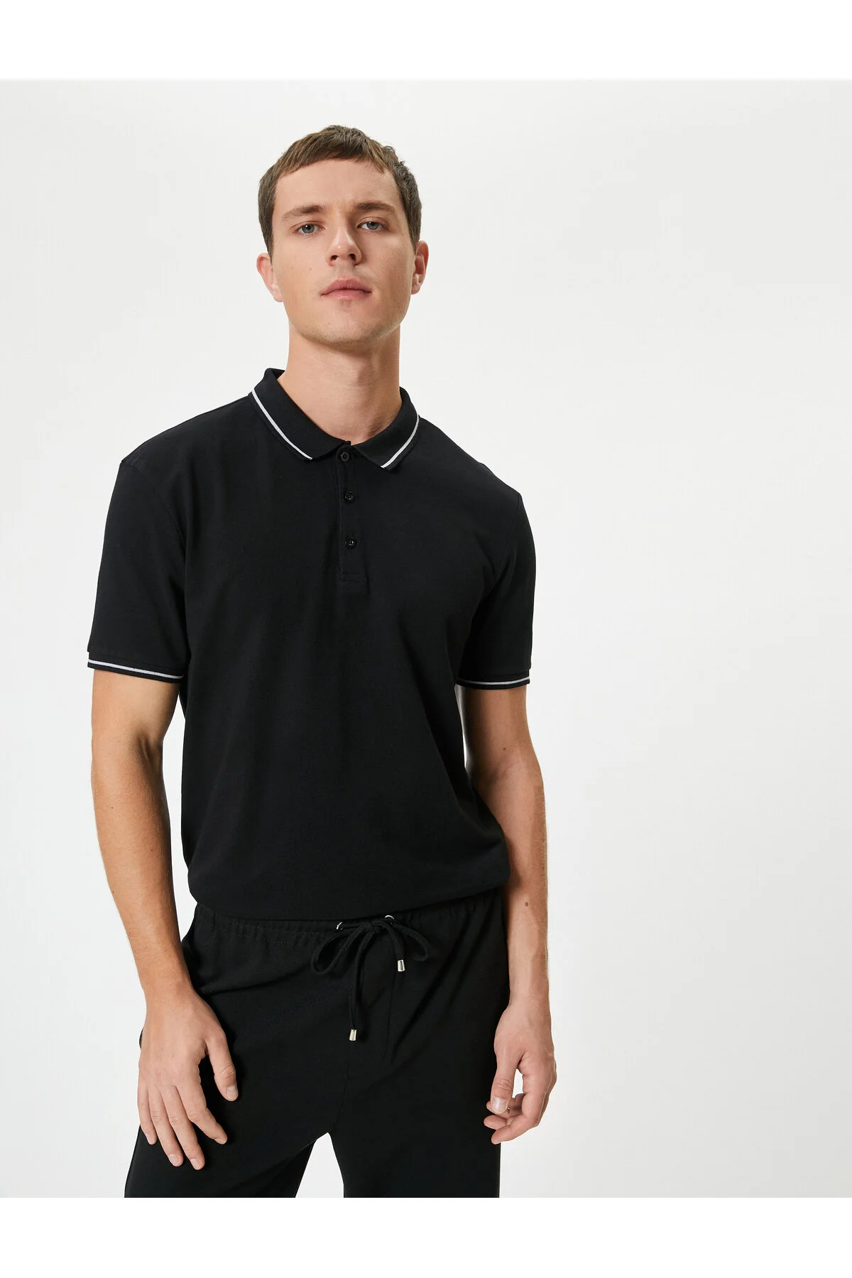 تی شرت یقه پولو مشکی مردانه پنبه آستین کوتاه Slim Fit Polo T Shirt Line کوتون Koton