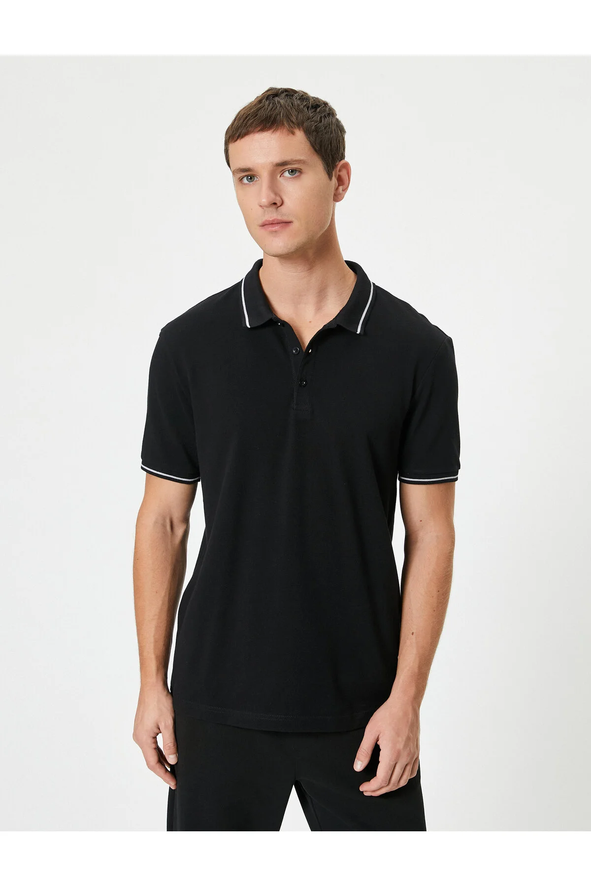 تی شرت یقه پولو مشکی مردانه پنبه آستین کوتاه Slim Fit Polo T Shirt Line کوتون Koton