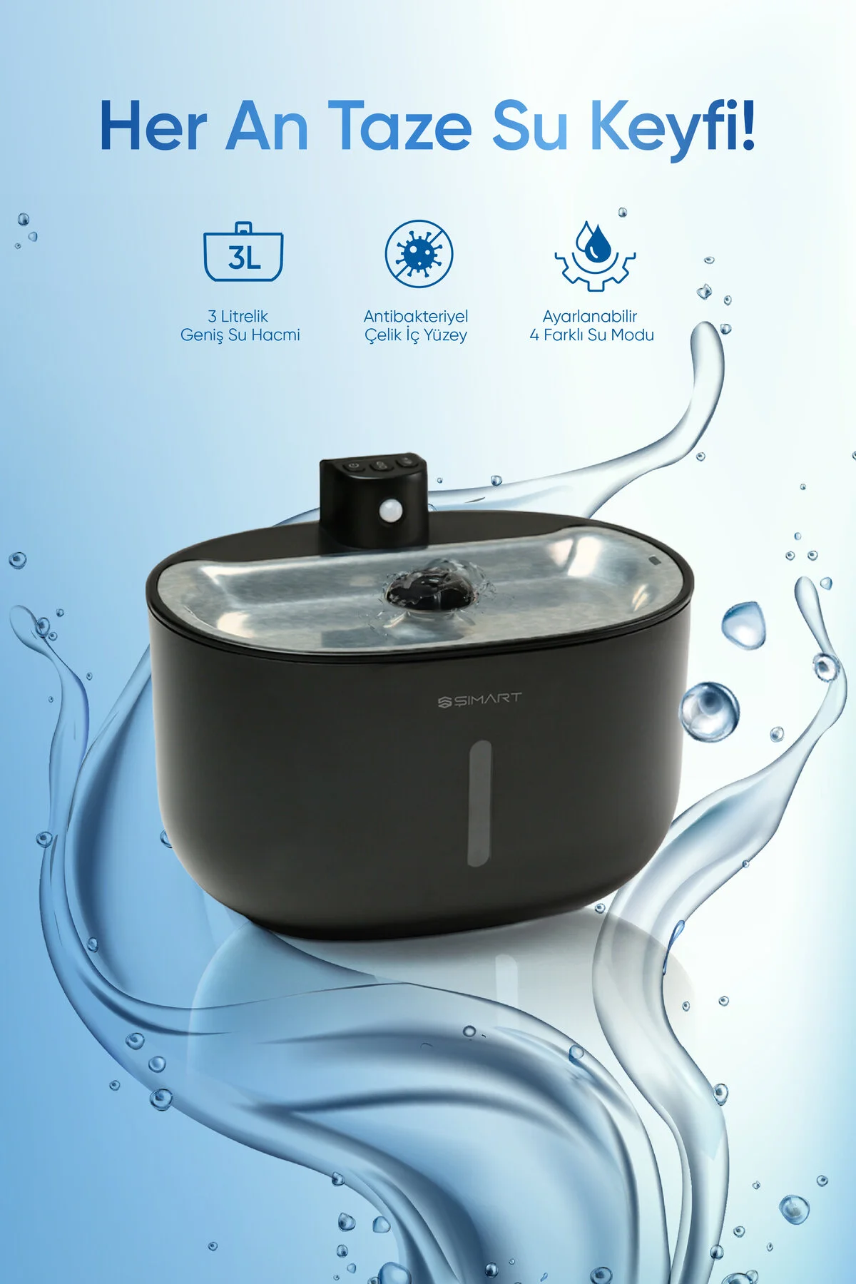 ظرف آب و غذای گربه سگ سیاه وغذای ظرفیت Pet Perhyr 3L فیلتر کنترل شده Wi Fi Şımart
