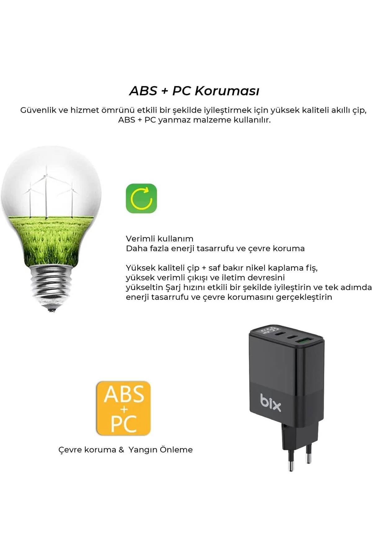 شارژر 65W USB TYPE C QC 4.0 PD 3.0 نشانگر LED GAN 3 دستگاه شارژ سریع Bix