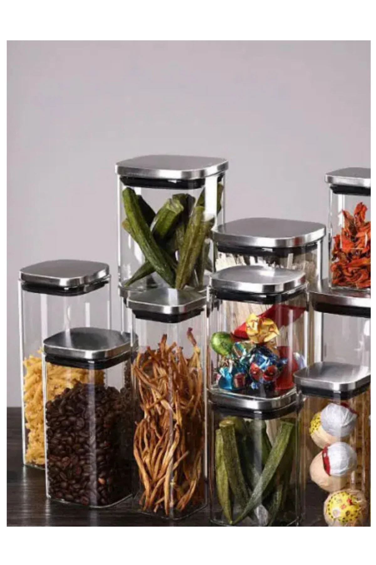 ظرف نگهدارنده فلزی جار شیشه ای مربع در پوشش کروم خلاء 8X8 10 سانتی متر 500 میل ذخیره سازی ادویه 4 قطعه Kitchen Design Lab