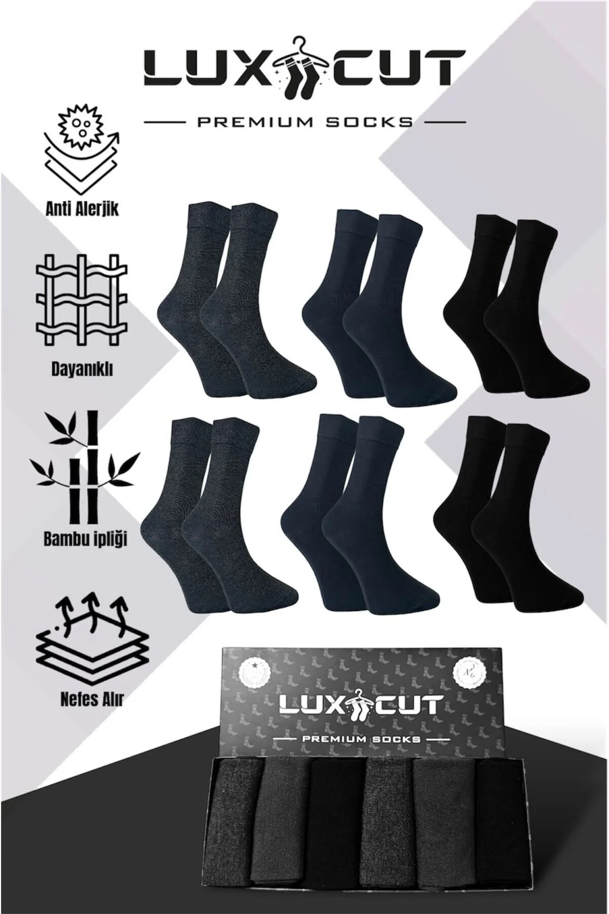 جوراب سری انحصاری سوکت مردانه بامبو جوراب‌های بدون درز بلند و 6 بسته 2 دودی آنتراسیت عدد مشکی LUXCUT