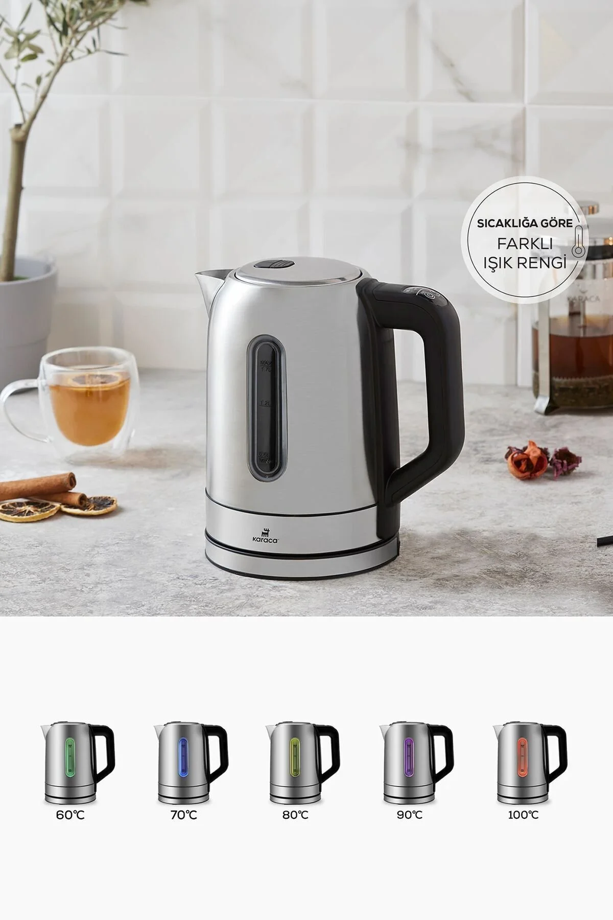 کتری برقی و گرم کن آب خاکستری با قابلیت تنظیم دما مدل لایت اینوکس 2200W کاراجا Karaca
