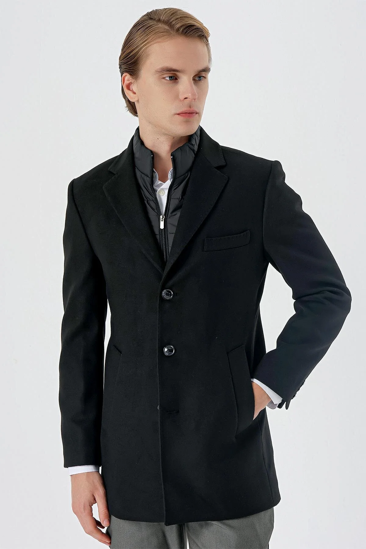 کت مردانه تمبر مشکی مونو یقه QUILTED LINER SLIM FIT BARK CUT کلاسیک 1008235167 İmza
