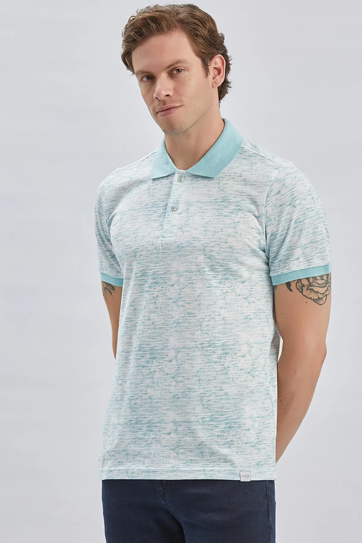تی شرت یقه پولو مردانه چوگان چاپی آبی تیره 100 ٪ پنبه روزمره باریک و برش T SHIRT 1011240157 İmza