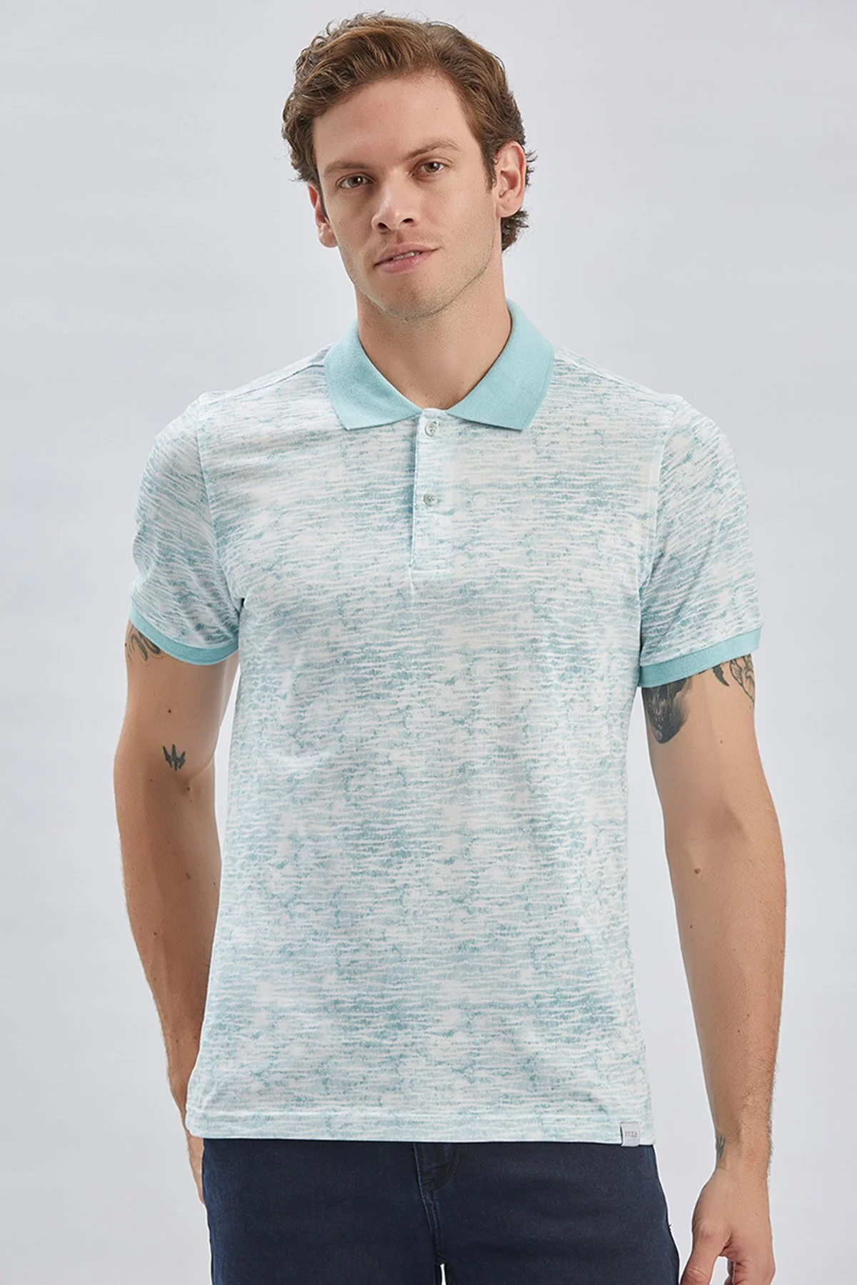 تی شرت یقه پولو مردانه چوگان چاپی آبی تیره 100 ٪ پنبه روزمره باریک و برش T SHIRT 1011240157 İmza