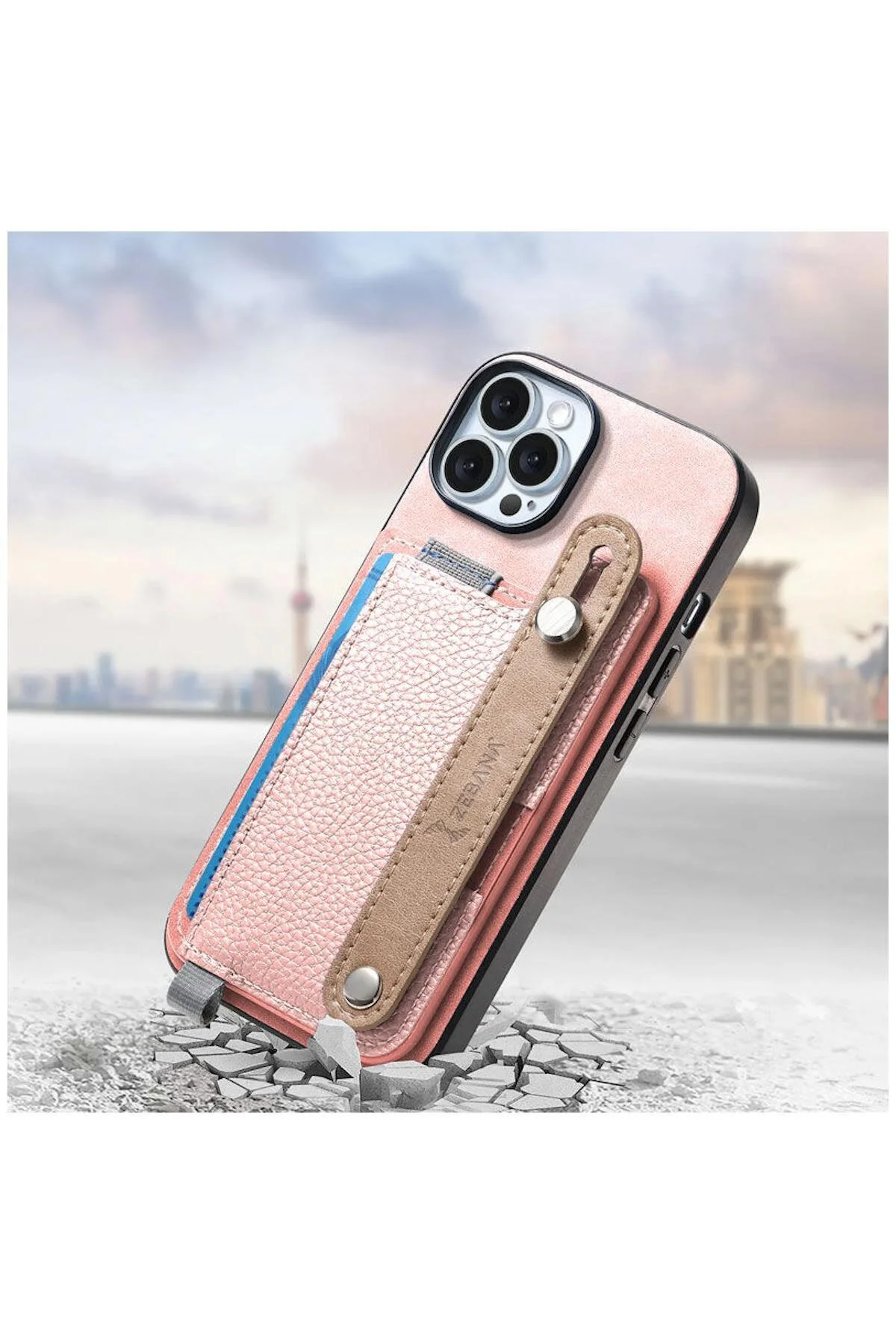 کاور و قاب APPLE IPHONE 16 PRO COMPATIBLE CASE 2IN1 بهترین چرمی با جای کارت صورتی Zebana
