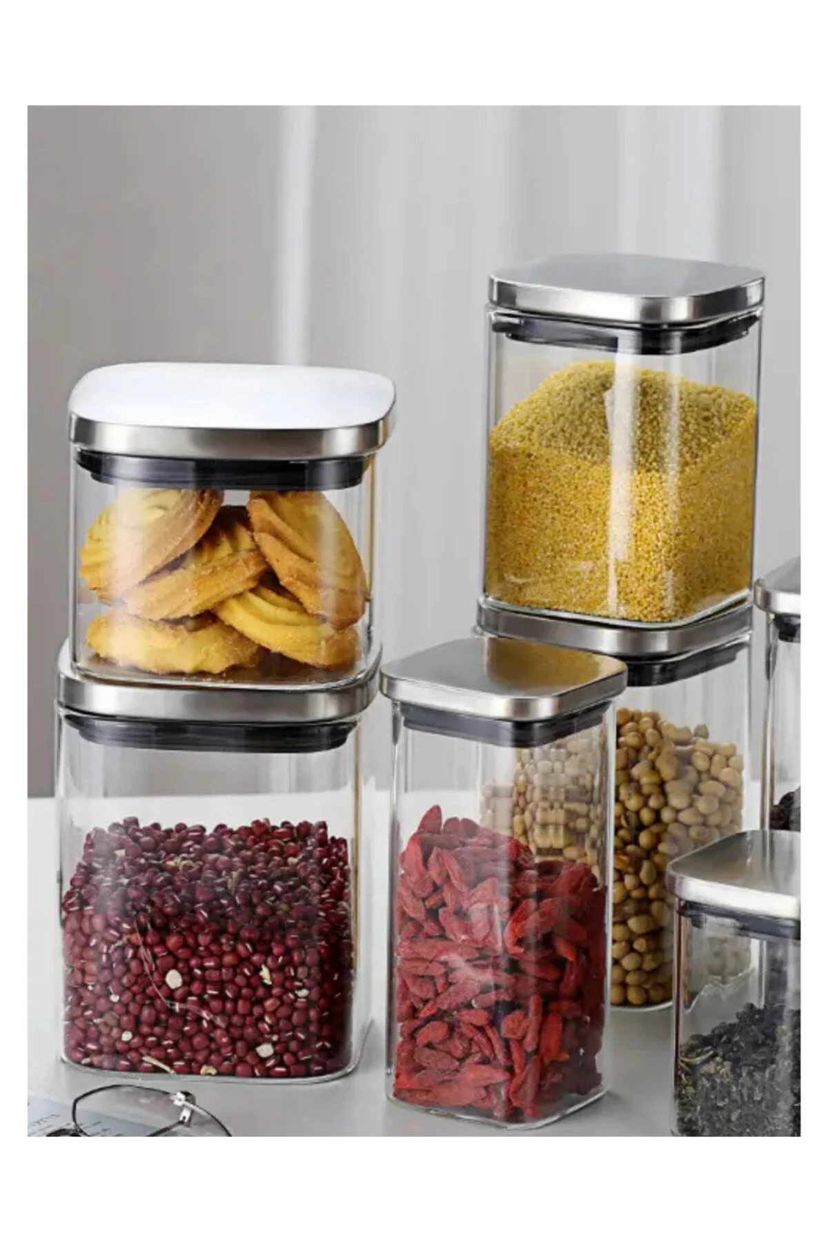 ظرف نگهدارنده فلزی جار شیشه ای مربع در پوشش کروم خلاء 8X8 10 سانتی متر 500 میل ذخیره سازی ادویه 4 قطعه Kitchen Design Lab