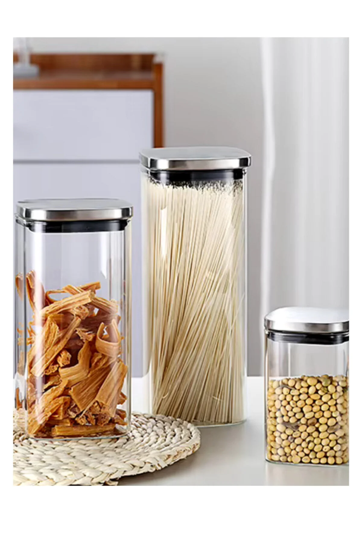 ظرف نگهدارنده فلزی جار شیشه ای مربع در پوشش کروم خلاء 8X8 10 سانتی متر 500 میل ذخیره سازی ادویه 4 قطعه Kitchen Design Lab