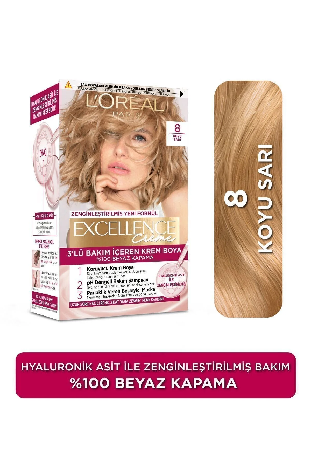 L'Oreal Paris رنگ مو کرم 100% پوشش موهای سفید Excellence رنگ بلوند تیره شماره ۸