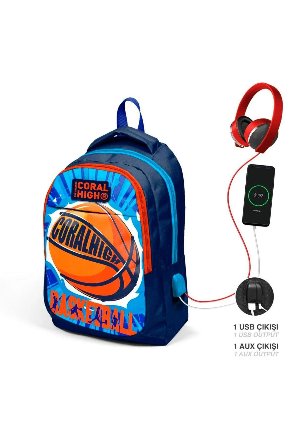 کیف مدرسه کوله پشتی ابتدایی و دبیرستان پسرانه نارنجی آبی با پورت USB Coral High