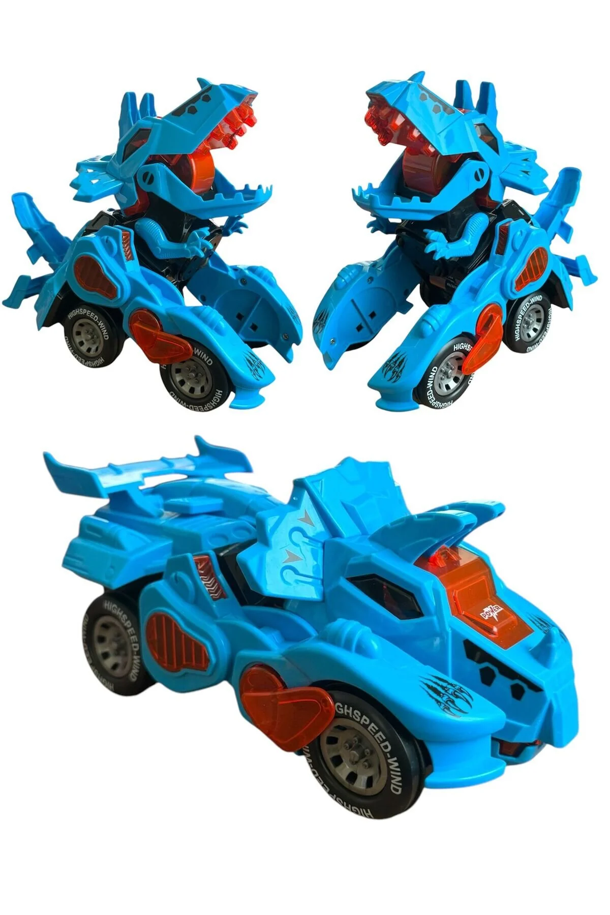 ماشین اسباب بازی TREX DINOSAUR FIGURE CAR SOUND LIGHT باطری موزیک ترانسفورماتور ربات دایناسور 20CM آبی TRUST STORE