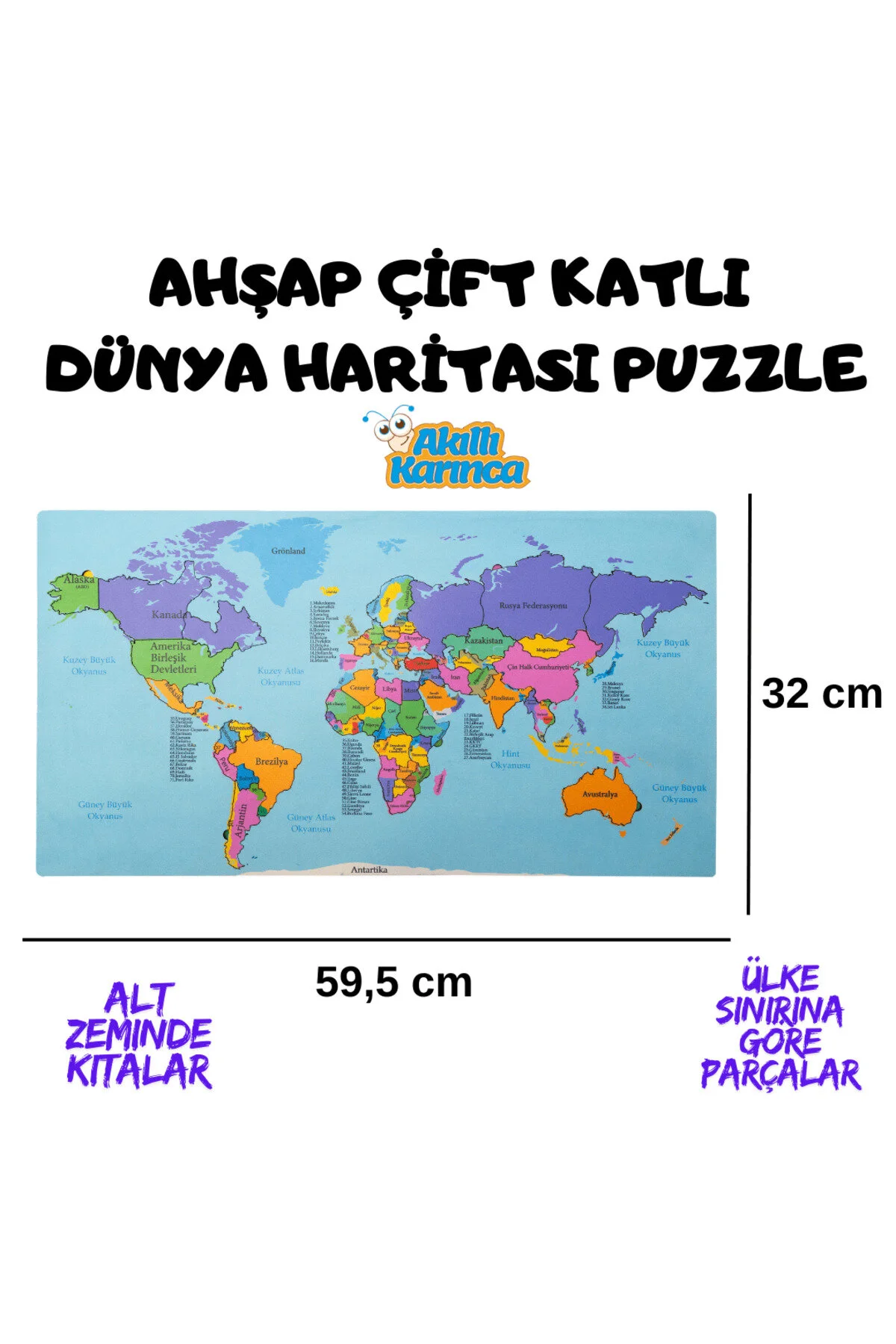 پازل نقشه جهان چوبی ست آموزشی اسباب بازی Akıllı Karınca
