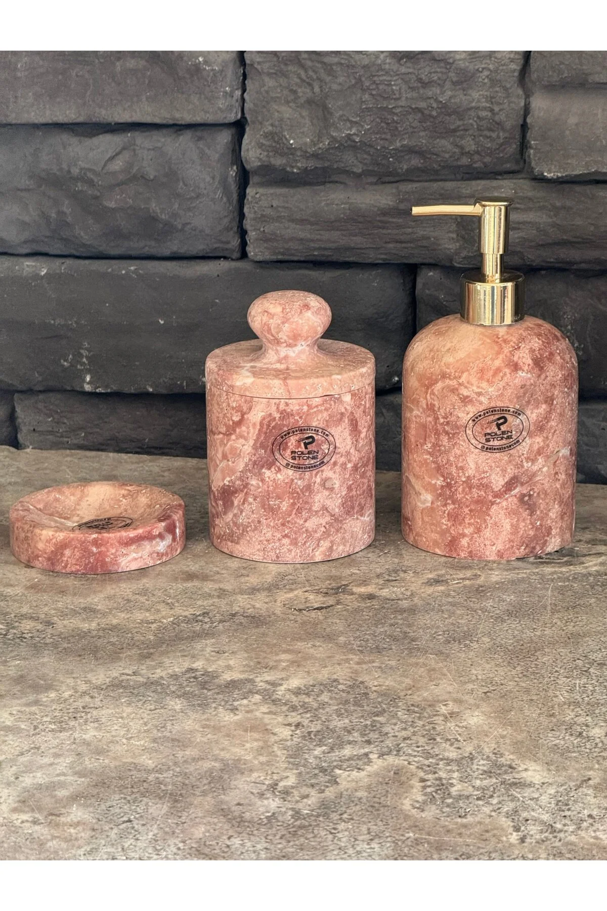 ست حمام قرمز سرویس بهداشتی 3 Sest Travertine Red Soapluk پنبه آرایش  Polen Stone