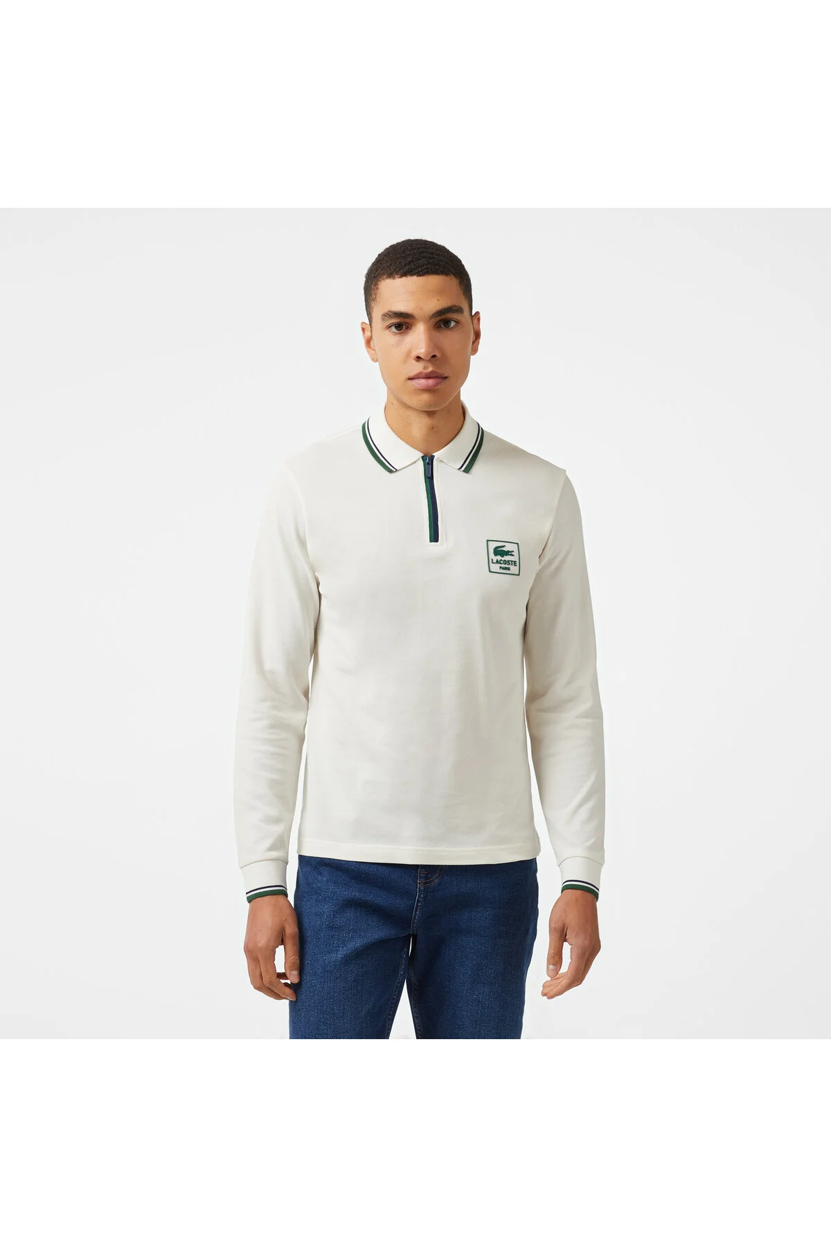 تی شرت یقه پولو سفید مردانه آستین بلند و مرتب لاگوست Lacoste