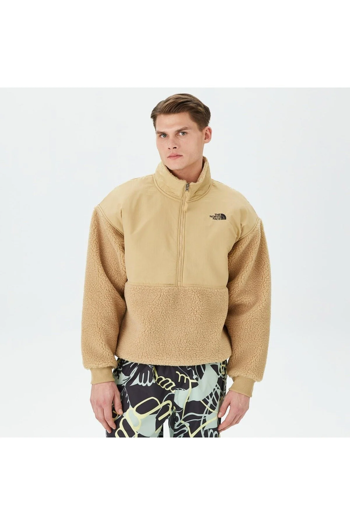 سویشرت مردانه یقه ایستاده بژ 1 4 پلاته پرزدار نورث فیس The North Face