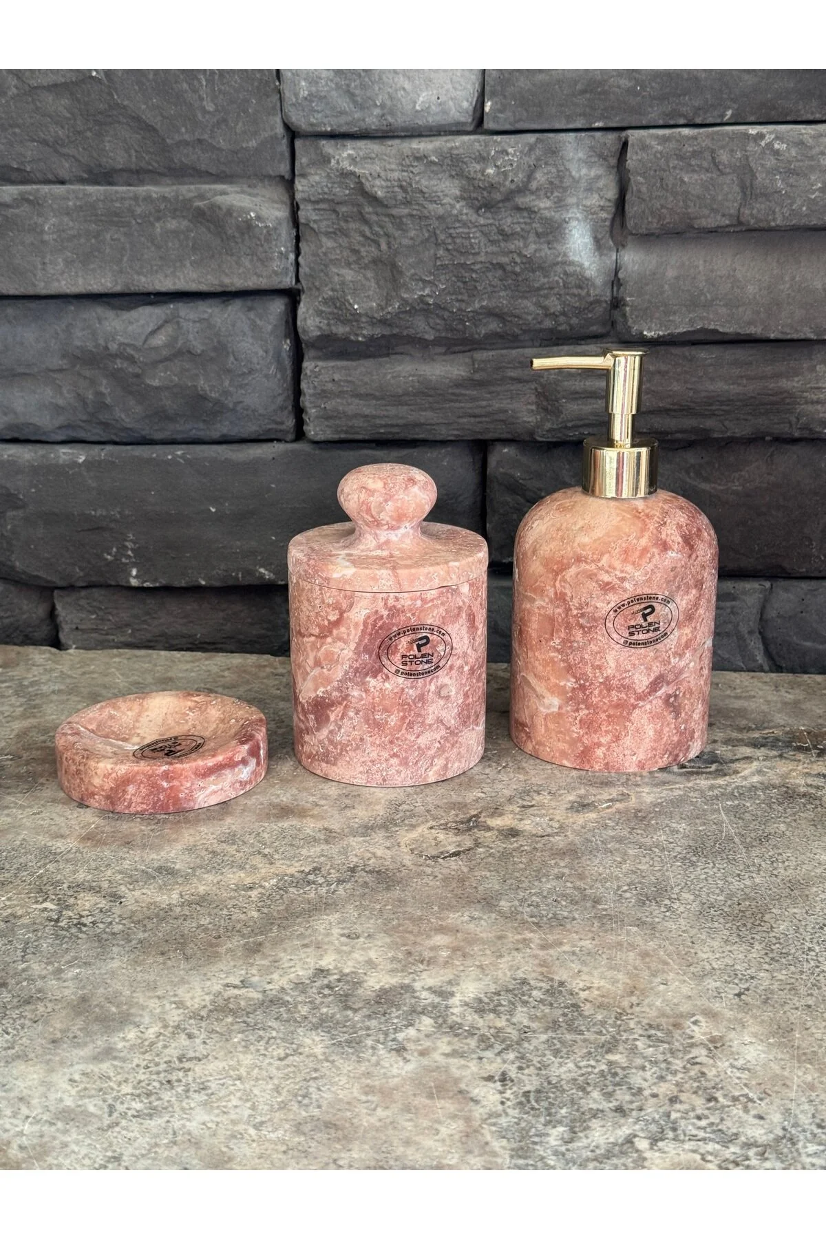 ست حمام قرمز سرویس بهداشتی 3 Sest Travertine Red Soapluk پنبه آرایش  Polen Stone