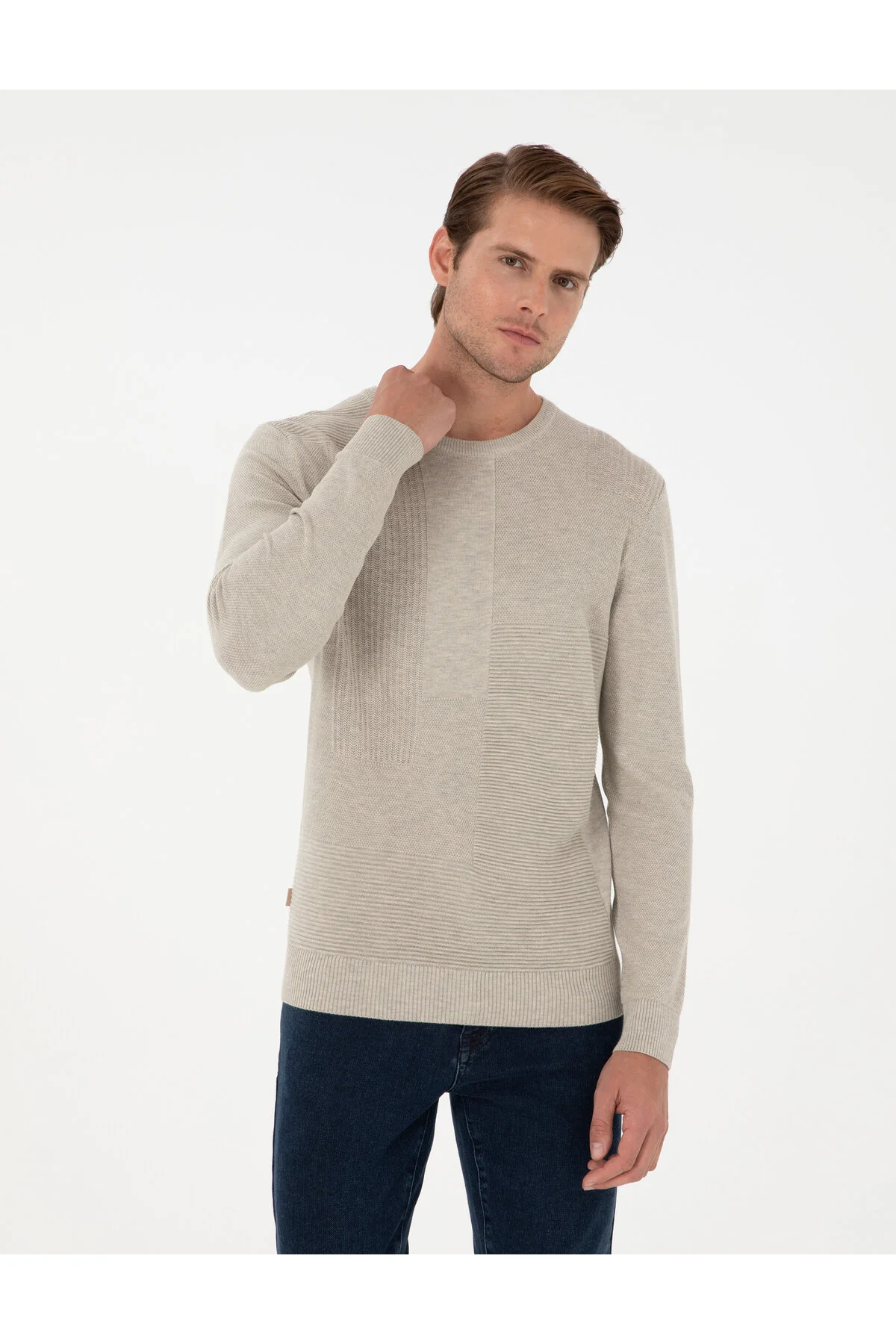 پلیور مردانه SAND MELANJ SLIM FIT BIKE COLLAR WOOL SWEATER MIXED LNITWEAR Pierre Cardin
