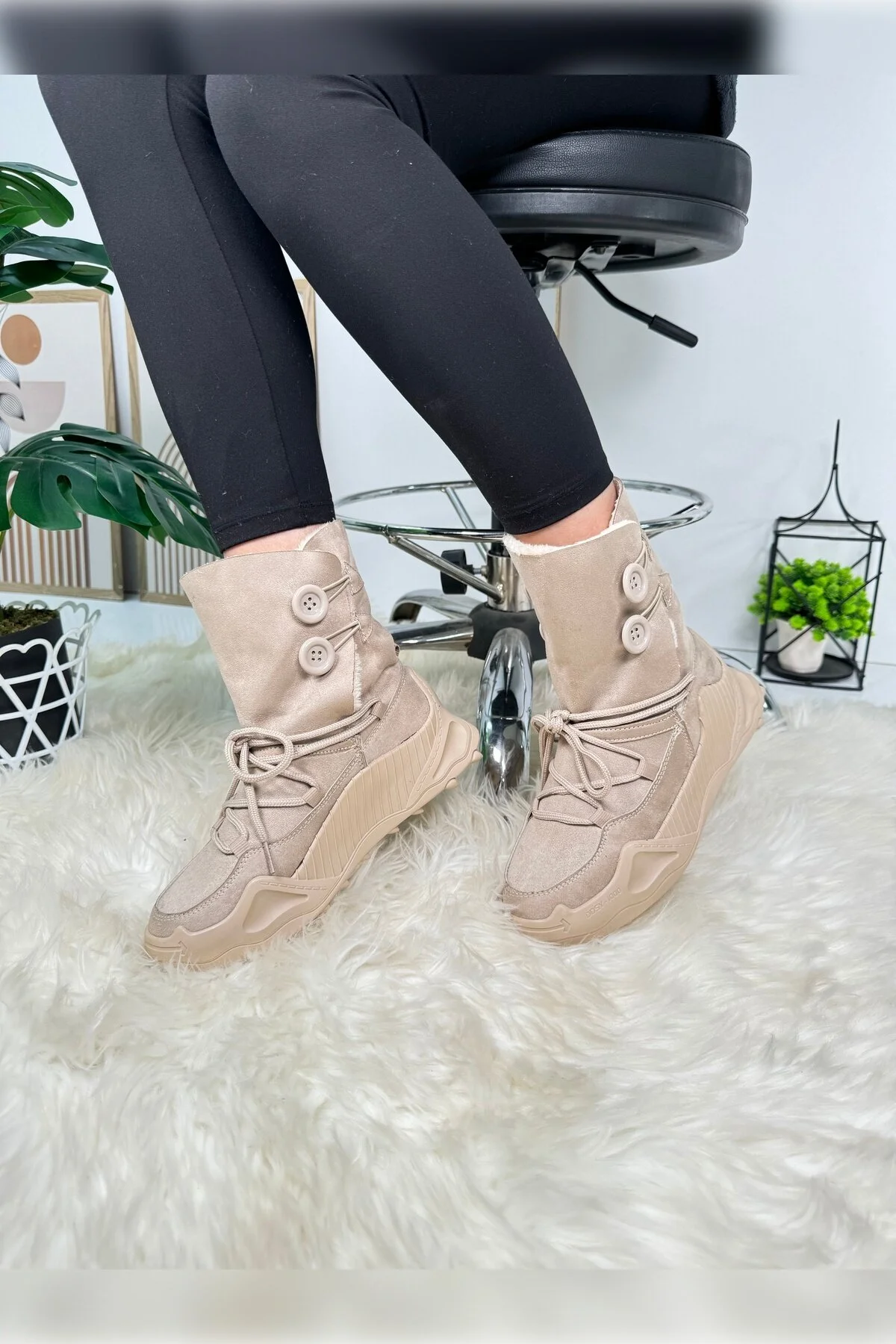 چکمه و بوت های جیر زنانه روزانه IMERSHOES زمستانی با دکمه خزدار داخل کفش بند دار بدون لغزش زیره بلند Allyup