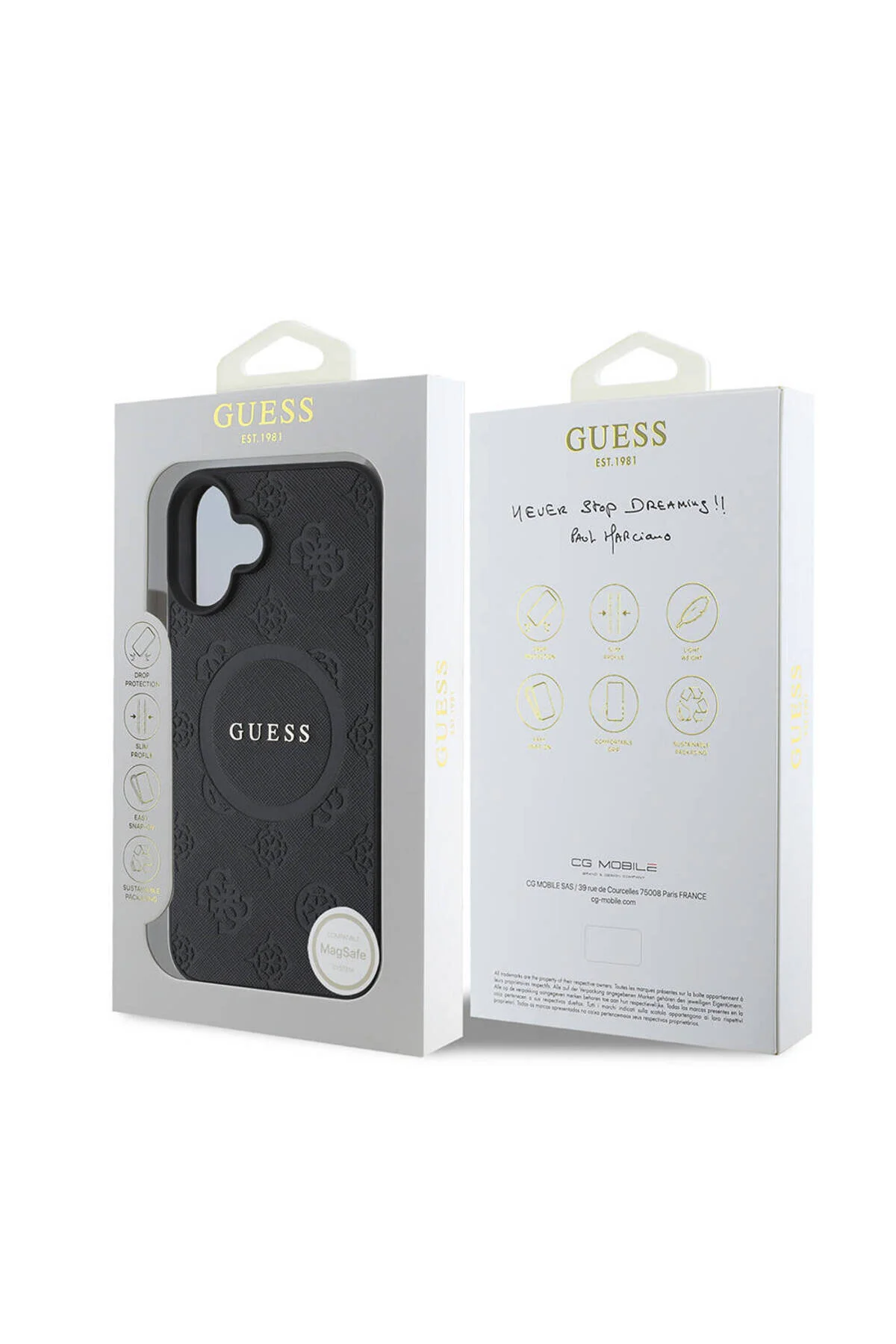 کاور و قاب سازگار آیفون 16 GUESS دارای مجوز شارژ MAGSAFE مشکی SAFFIANO PEONY با لوگوی متنی Guess
