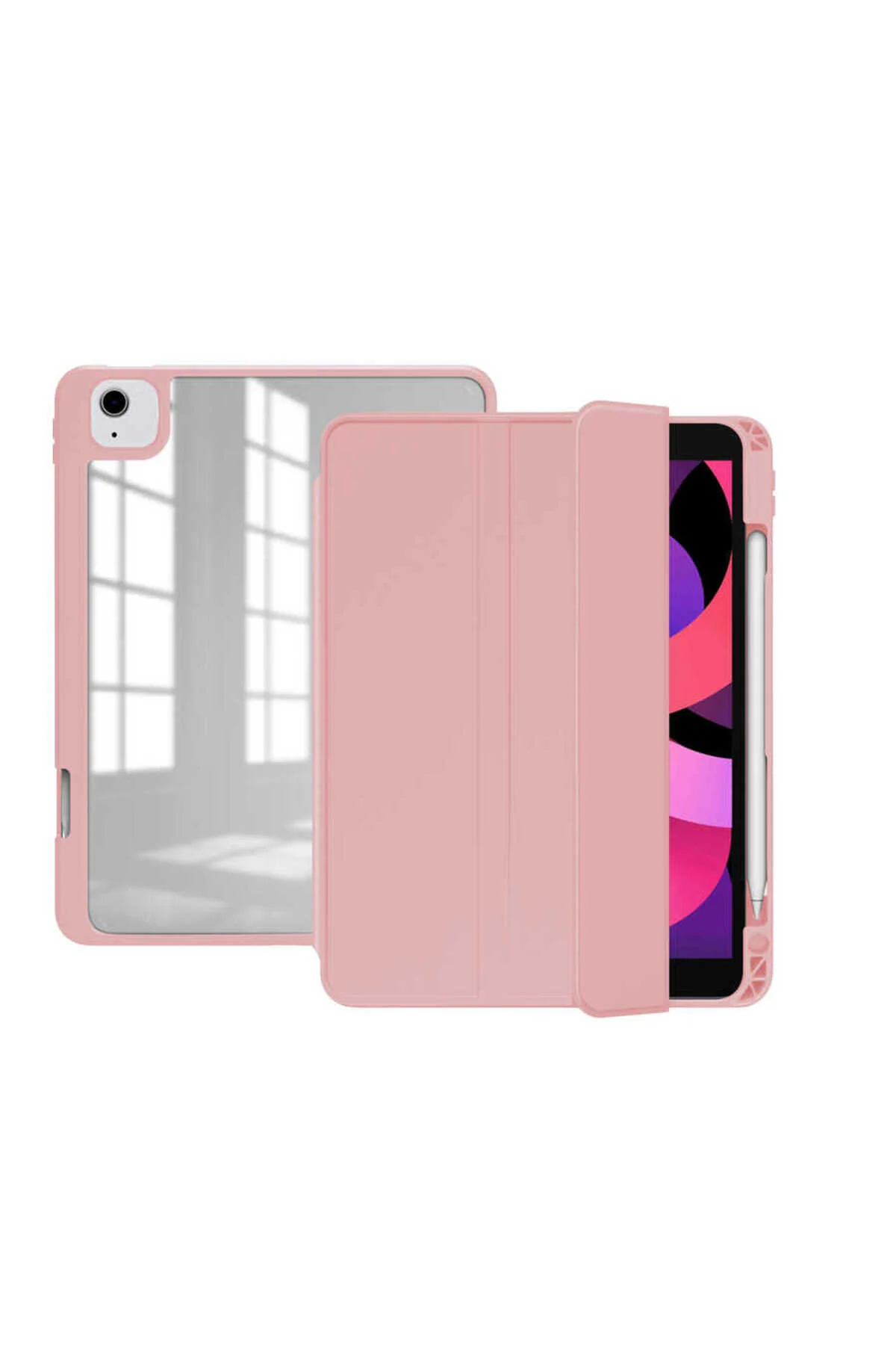 کاور تبلت IPAD AIR 11 M2 قاب پشتی شفاف با محافظ پایه صورتی ekılıf